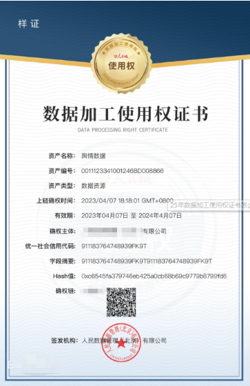 數(shù)據(jù)加工使用權(quán)證書 數(shù)據(jù)加工使用權(quán)證書